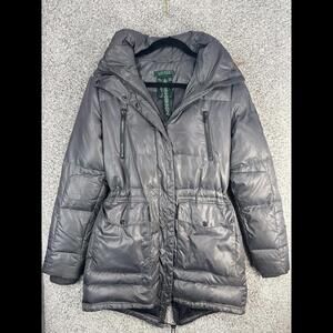 Lauren Ralph Lauren Womens small silver Fur hood Down Puffer long Jacket Coat